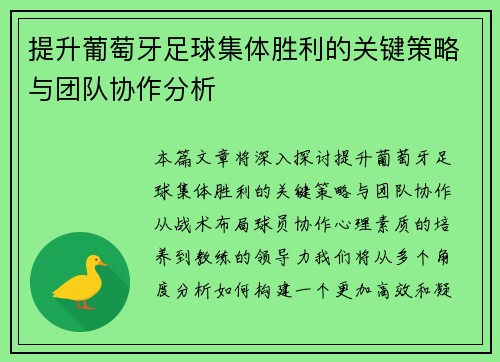 提升葡萄牙足球集体胜利的关键策略与团队协作分析